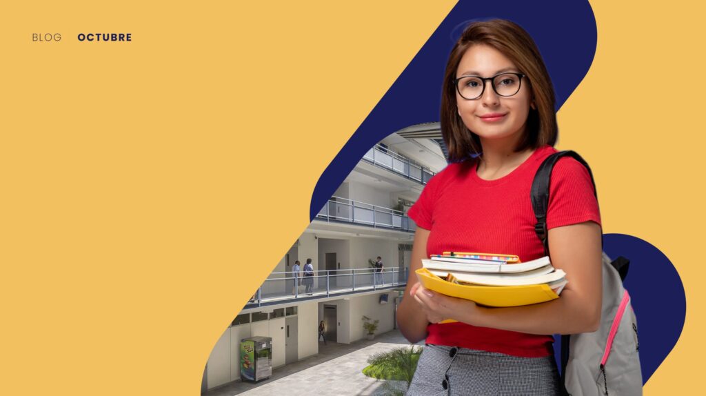 Mujer con libros saliendo de institución educativas